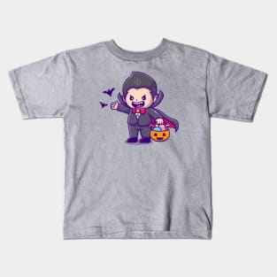 Cute Dracula Holding Pumpkin Basket With Candy And Bats Kids T-Shirt